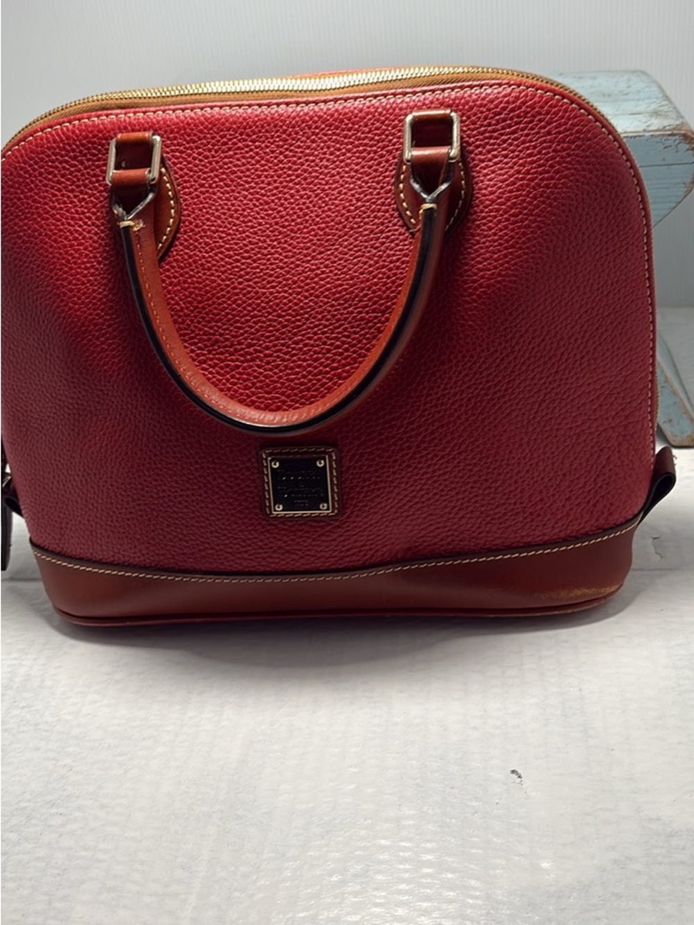 Dooney & Bourke Red Pebbled Dome Satchel with Brown Trim